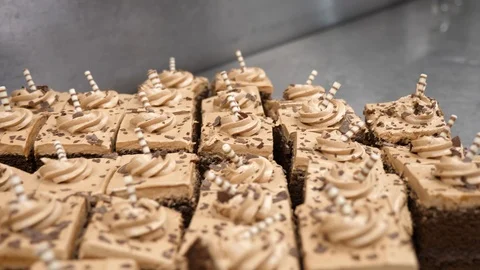 Mocha chocolate cake on platter nicely decorated cake in restaurant kitchen c Video stock 89383511