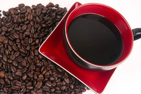 Mocha Java Red Porcelain Coffe Cup Sitting in Roasted Beans Cafe Mocha Cof... Stock Photos