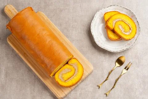 Mocha roll cake Stock Photos