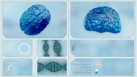 Mock up animation of human brain and DNA strings on blue background Video stock 123417778
