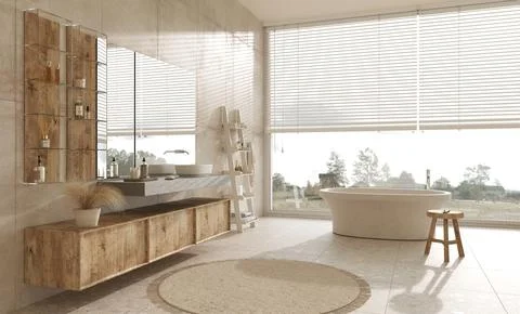 Mock up in bathroom near panoramic window in Balinese interior. 3d render Stock Illustration