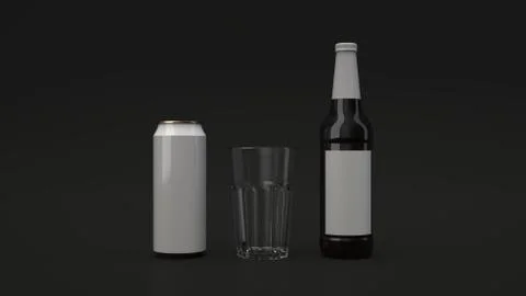 Mock up of beer bottle, can and an empty glass Stock Illustration