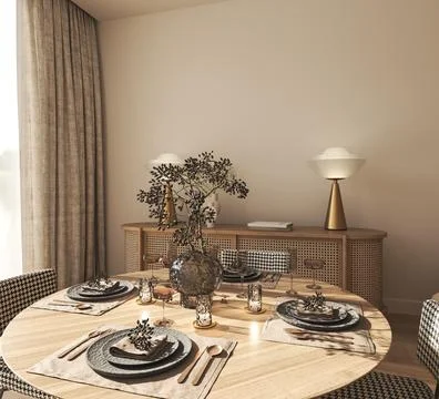 Mock up beige wall in modern interior background. Neutral wooden livingroom with Stock-Illustration