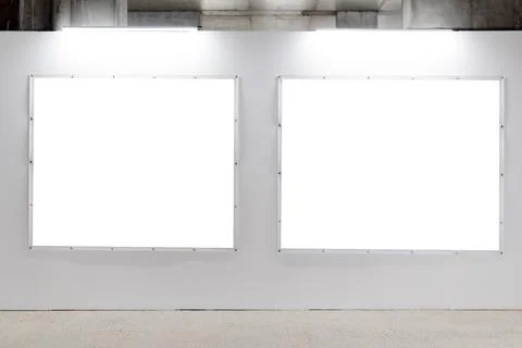 Mock up. Blank picture frames on white wall. Gallery wall with empty posters  Stock Photos