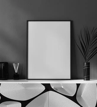 Mock up blank poster frame in black and white modern interior with stylish de Illustrazione stock