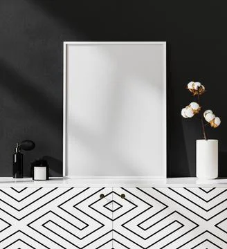 Mock up blank poster frame in black and white modern interior with stylish de イラスト素材