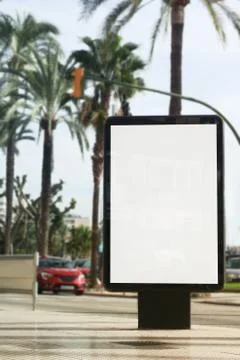 Mock up of blank white vertical light box with palm trees on island Palma de  Foto stock