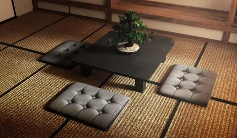 Mock up, bonsai tree on black low table and Cushions on tatami mat Designing  Stock-Illustration