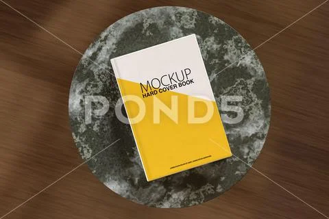 Mock up book on round table. 3d render PSD Template