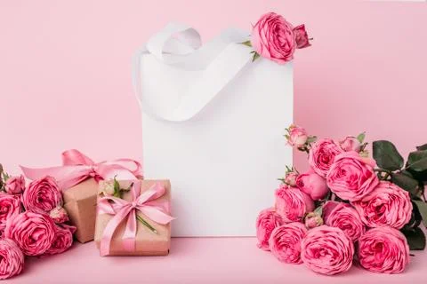 Mock up Composition paper bag, gift boxes, pink roses, for St. Valentine's Da Stock Photos