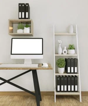 Mock up computer with blank screen  and decoration in office room mock up bac Illustrazione stock