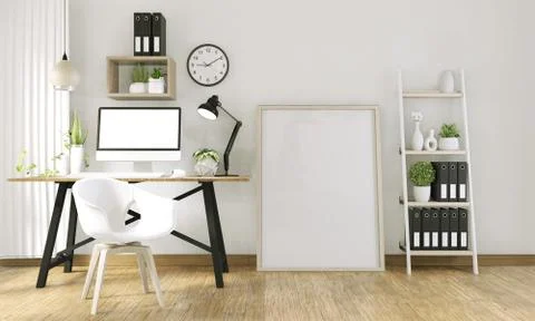 Mock up computer with blank screen  and decoration in office room mock up bac 스톡 일러스트