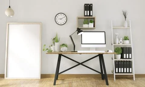 Mock up computer with blank screen  and decoration in office room mock up bac Stock Illustration