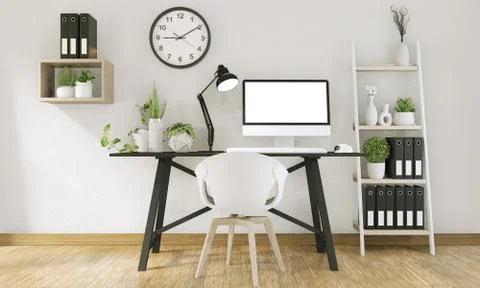 Mock up computer with blank screen  and decoration in office room mock up bac Illustrazione stock
