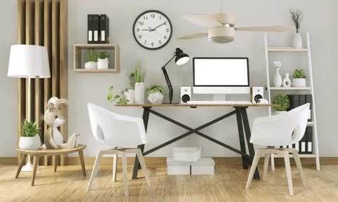 Mock up computer with blank screen  and decoration in office room mock up bac Illustrazione stock