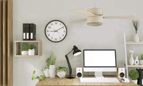 Mock up computer with blank screen  and decoration in office room mock up bac Stock Illustration