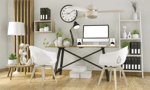 Mock up computer with blank screen  and decoration in office room mock up bac Illustrazione stock