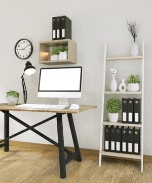 Mock up computer with blank screen  and decoration in office room mock up bac Illustrazione stock
