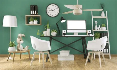 Mock up computer with blank screen  and decoration in office green room mock  Stock Illustration