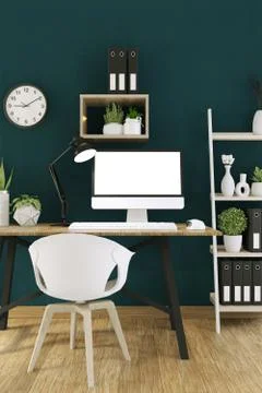 Mock up computer with blank screen  and decoration in office room mock up bac 스톡 일러스트