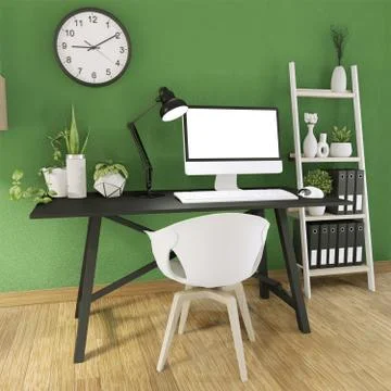 Mock up computer with blank screen  and decoration in office green room mock  Stock Illustration