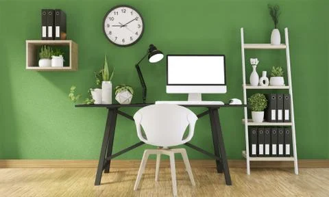Mock up computer with blank screen  and decoration in office green room mock  Illustrazione stock