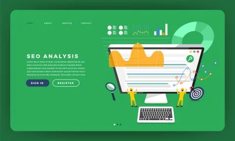 Mock-up design website flat design concept SEO analysis with graph and chart Stock Illustration