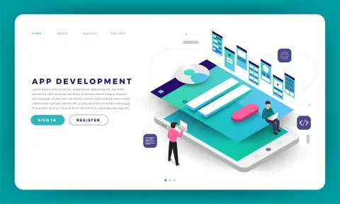 Mock-up design website flat design concept app development with developer cod Illustrazione stock