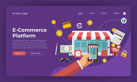 Mock-up design website flat design concept digital marketing. E-Commerce Plat Stock Illustration