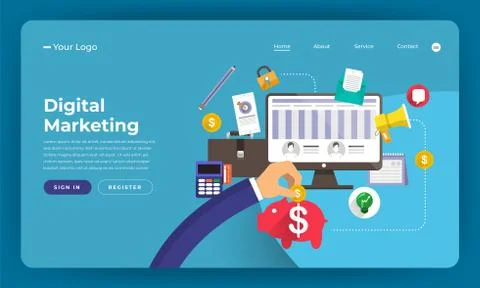 Mock-up design website flat design concept digital marketing. Vector illustra Stock Illustration