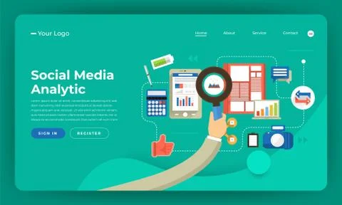 Mock-up design website flat design concept digital marketing. Social media an Stock Illustration