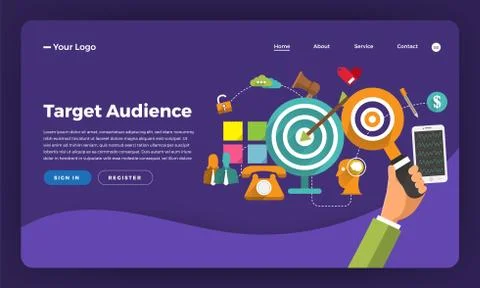 Mock-up design website flat design concept digital marketing. Target Audience Stock Illustration