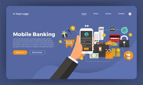 Mock-up design website flat design concept digital marketing. Mobile banking. Stock Illustration