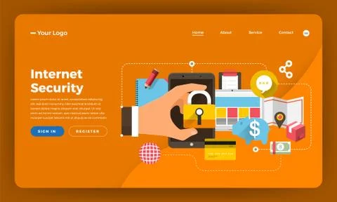 Mock-up design website flat design concept digital marketing. Internet Securi Stock Illustration