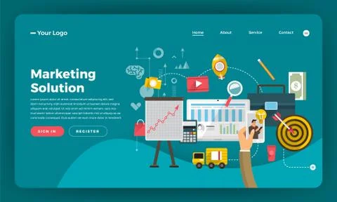 Mock-up design website flat design concept digital marketing. Marketing Solut Stock Illustration