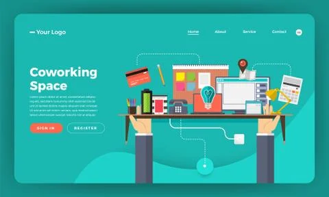 Mock-up design website flat design concept digital marketing. Coworking space Stock Illustration