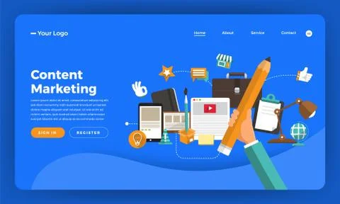 Mock-up design website flat design concept digital marketing. Content Marketi Stock Illustration