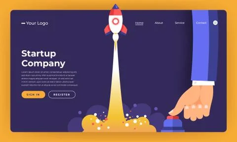 Mock-up design website flat design concept stratup rocket rise with hand push Stock Illustration