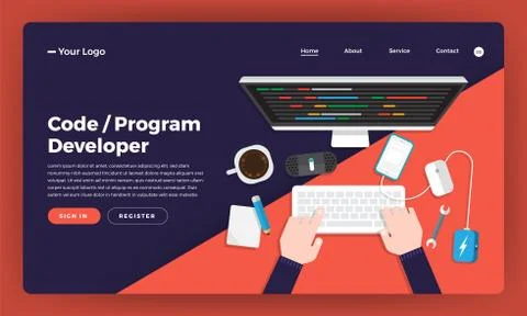 Mock-up design website flat design concept coding and programming developer. Stock Illustration