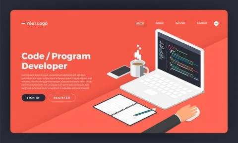 Mock-up design website flat design concept coding and programming developer. Stock Illustration