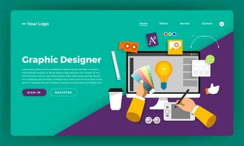 Mock-up design website flat design concept graphic designer.  Vector illustra Stock Illustration