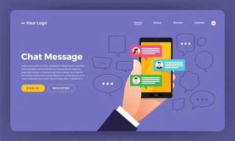 Mock-up design website flat design concept hands hold mobile chat message bub Stock Illustration