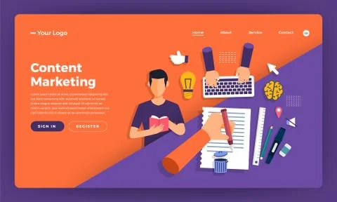 Mock-up design website flat design concept digital marketing. Content Marketi Stock Illustration