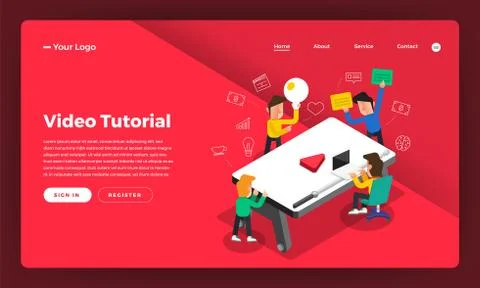 Mock-up design website flat design concept video tutorial.  Vector illustrati Stock Illustration
