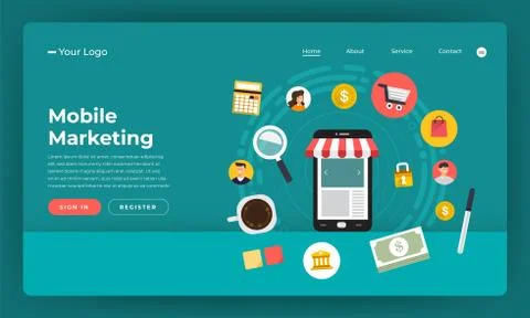 Mock-up design website flat design concept digital marketing. Mobile marketin Stock Illustration