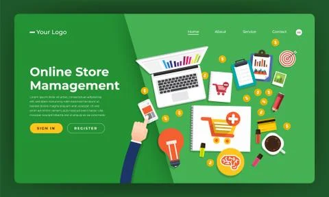 Mock-up design website flat design concept online store management.  Vector i Stock Illustration