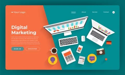 Mock-up design website flat design concept digital marketing. Online business Stock Illustration