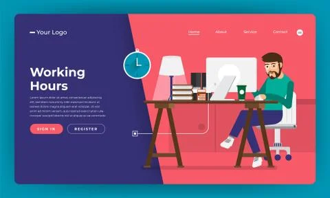 Mock-up design website flat design concept working hours worker in office pla Stock Illustration