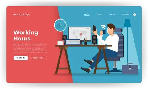 Mock-up design website flat design concept working hours worker in office pla Stock Illustration