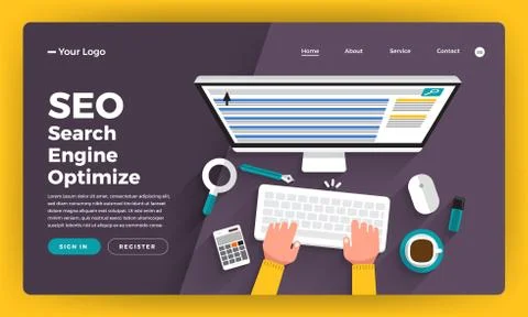 Mock-up design website flat design concept SEO analysis with graph and chart Stock Illustration